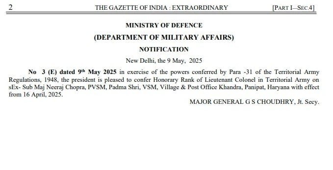 Neeraj chopra became lieutenant colonel in territorial army