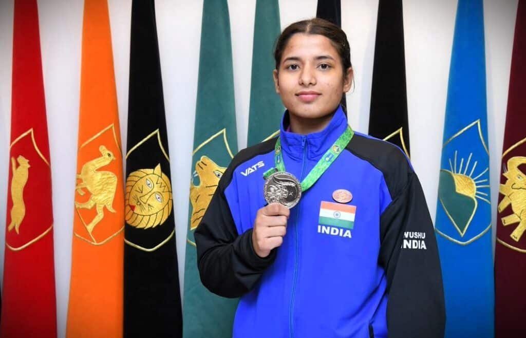Bsf constable shivani prajapati won a silver medal at the 17th world wushu championship 2025 brazil