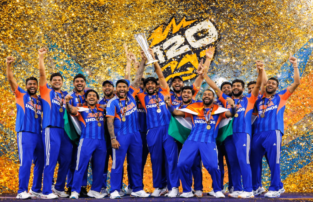 Indian cricket team celebrating after winning t-20 world cup 2026 trophy with gold confetti at narendra modi stadium ahmedabad.