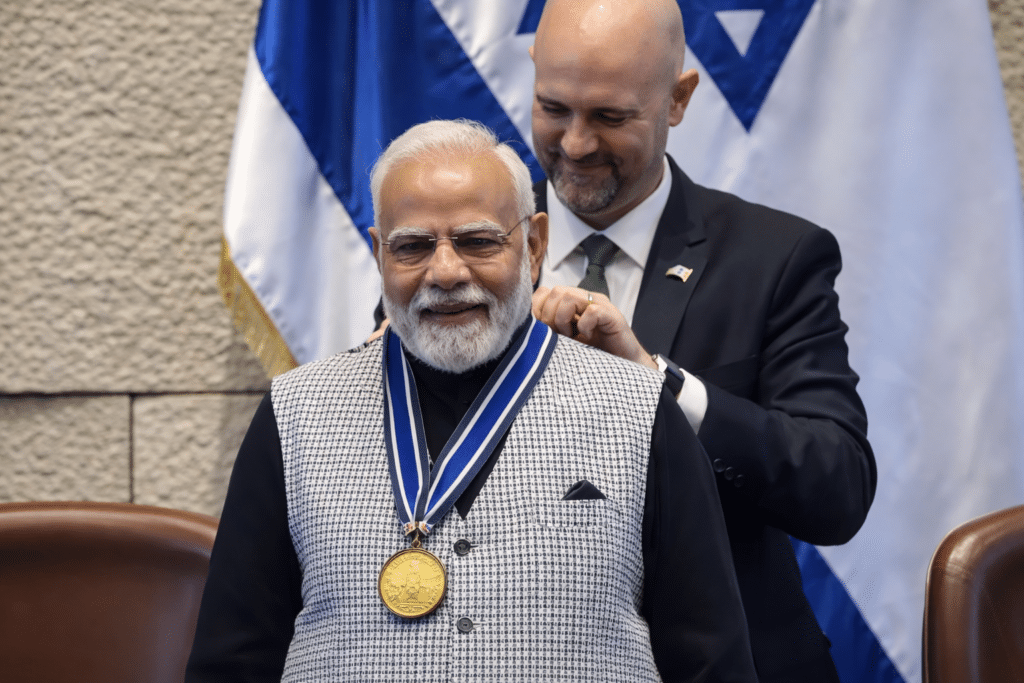 Pm narendra modi receives knesset medal israels highest parliamentary honour