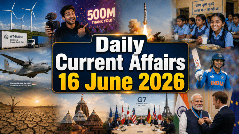 Daily current affairs 16 june 2026 thumbnail featuring wt-marut wind energy, drdo missile test, breakfast and milk scheme, c295 aircraft, smriti mandhana, g7 summit, jagannath temple, drought awareness and defence-related visuals.
