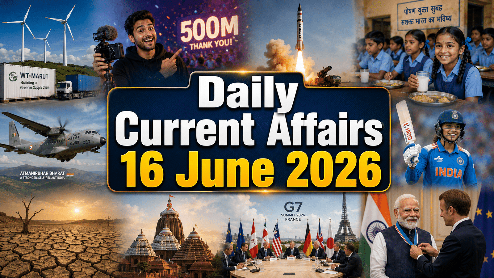 Daily Current Affairs 16 June 2026 thumbnail featuring WT-MARUT wind energy, DRDO missile test, Breakfast and Milk Scheme, C295 aircraft, Smriti Mandhana, G7 Summit, Jagannath Temple, drought awareness and defence-related visuals.