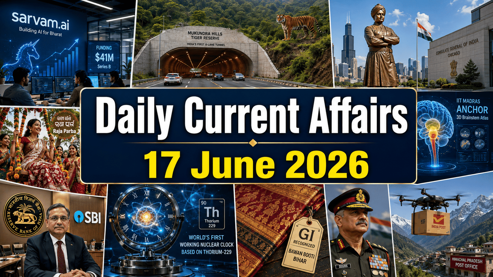 Daily Current Affairs 17 June 2026 thumbnail featuring Sarvam AI, Mukundra Hills Tiger Reserve tunnel, Swami Vivekananda statue in Chicago, IIT Madras ANCHOR brain atlas, Raja Parba festival, RBI-SBI board appointment, Thorium-229 nuclear clock, Bawan Booti GI tag, Indian Army Chief appointment and Himachal Pradesh drone postal service visuals.