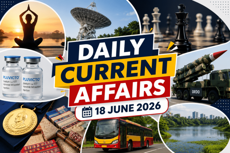 Daily current affairs 18 june 2026 thumbnail featuring yoga, grapes-3 telescope, chess pieces, drdo missile, pluvicto medicine, gi-tagged cultural items, bus travel scheme and lake visuals, with bold central title for current affairs mcqs.
