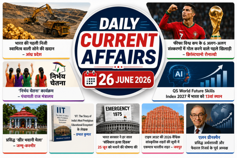 Daily current affairs – 26 june 2026 thumbnail featuring a clean white background with the title "daily current affairs" prominently centered. Around the title are visual highlights of the day's major current affairs, including india's first private gold mine in andhra pradesh, cristiano ronaldo with the fifa world cup trophy, the nirbhay chetna initiative, qs world future skills index 2027, kheer bhawani temple, the iit book by prabhat kumar, constitution murder day (25 june), jaipur's cultural city recognition, and economist alan greenspan. The design uses bold typography, vibrant colors, and a modern news-style layout.