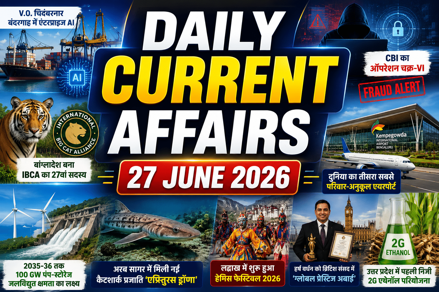 daily current affairs 27 june 2026 thumbnail featuring vo chidambaranar port enterprise ai, cbi operation chakra vi, international big cat alliance, bengaluru airport, 100 gw pumped storage target, apristurus drona catshark, hemis festival ladakh, global prestige award, and 2g ethanol project
