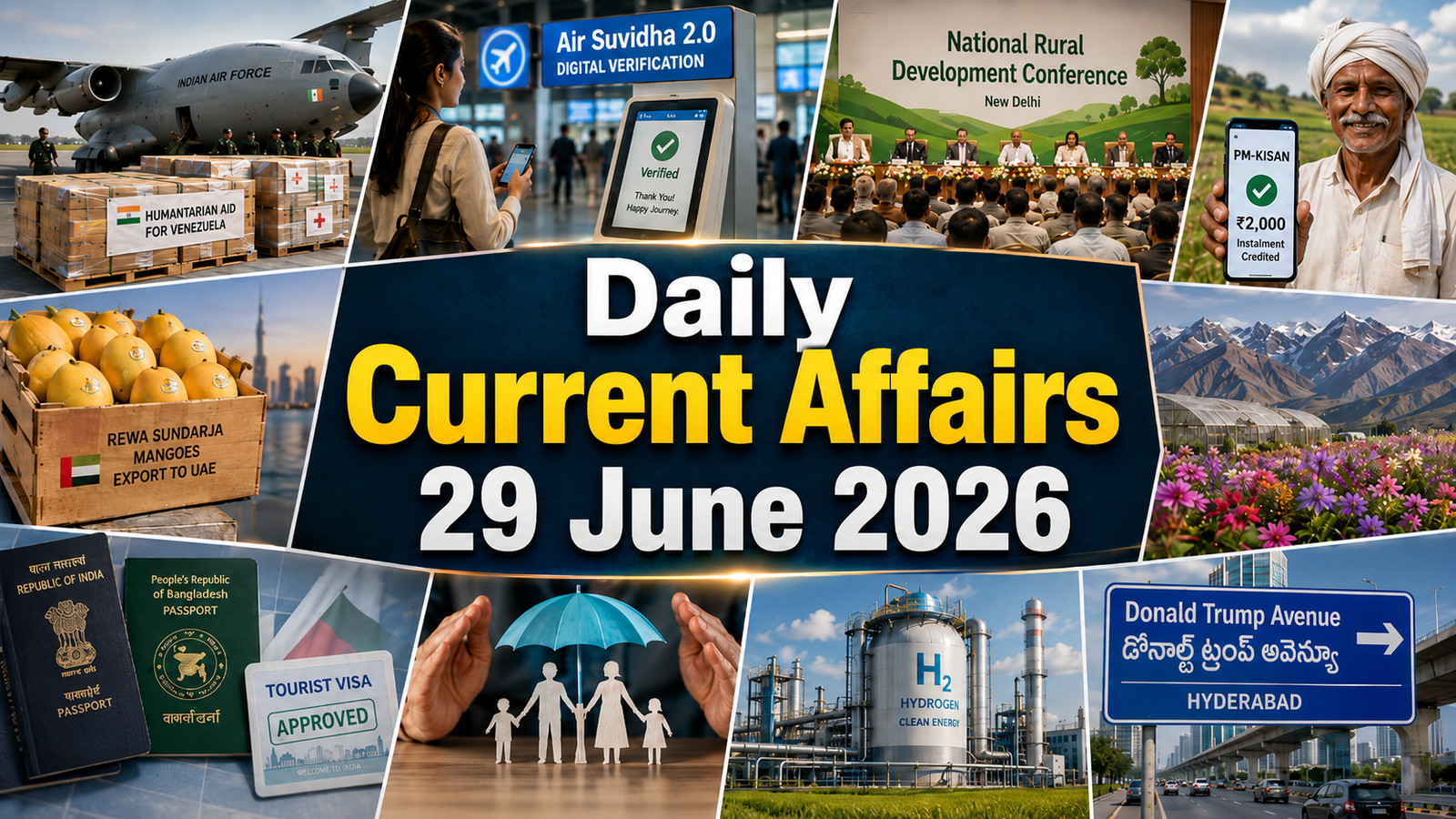 daily current affairs 29 june 2026 thumbnail with news visuals, farmers, airport, aid, mango export, insurance, hydrogen plant, and hyderabad road sign.