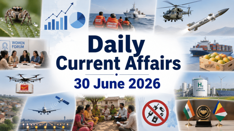 Daily current affairs 30 june 2026 thumbnail with a clean white and light-blue background, bold centered title, and soft collage visuals showing current affairs topics like spider discovery, statistics day, operation amistad, helina missile, mango export, women forum, drone delivery, rural livelihood, anti-drug awareness, green hydrogen, and india-seychelles award.