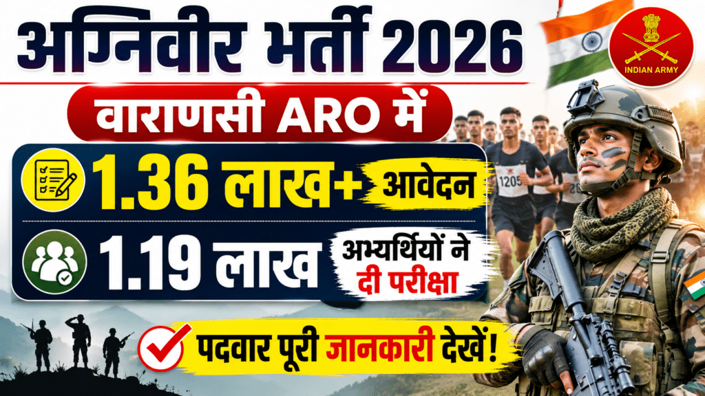 Agniveer bharti 2026 thumbnail showing varanasi aro recruitment update with 1. 36 lakh+ applications and 1. 19 lakh candidates appeared for the exam, featuring indian army soldier, running candidates, and army study style recruitment news design.