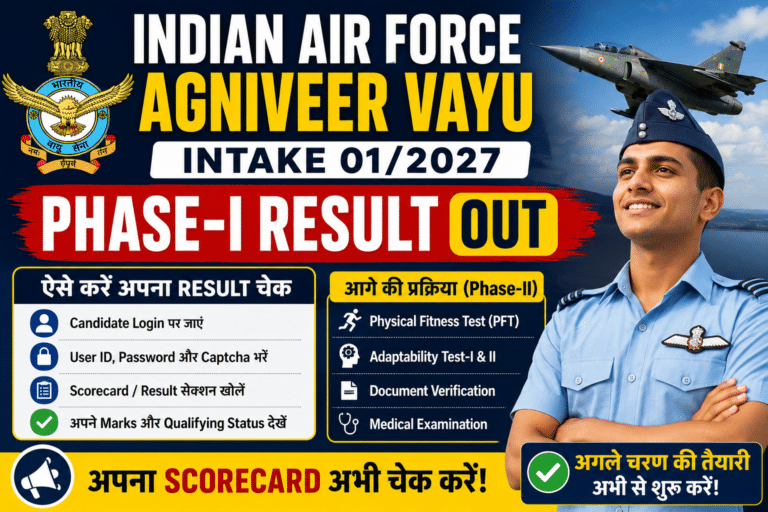 **alt text:** indian air force agniveer vayu intake 01/2027 phase-i result out thumbnail with iaf officer, fighter jet, scorecard check steps, phase-ii process, pft, adaptability test, document verification and medical examination details.
