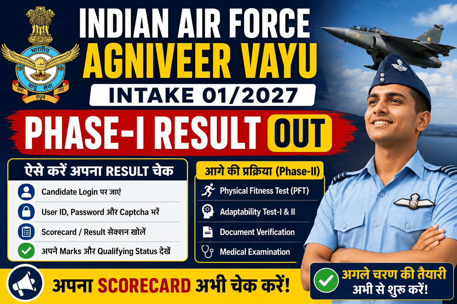 **Alt Text:** Indian Air Force Agniveer Vayu Intake 01/2027 Phase-I Result Out thumbnail with IAF officer, fighter jet, scorecard check steps, Phase-II process, PFT, adaptability test, document verification and medical examination details.