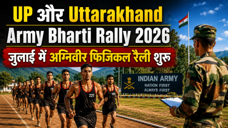Attractive thumbnail for up and uttarakhand army bharti rally 2026, showing the agniveer physical rally update, running candidates, an indian army soldier, an indian army board, and the indian national flag.