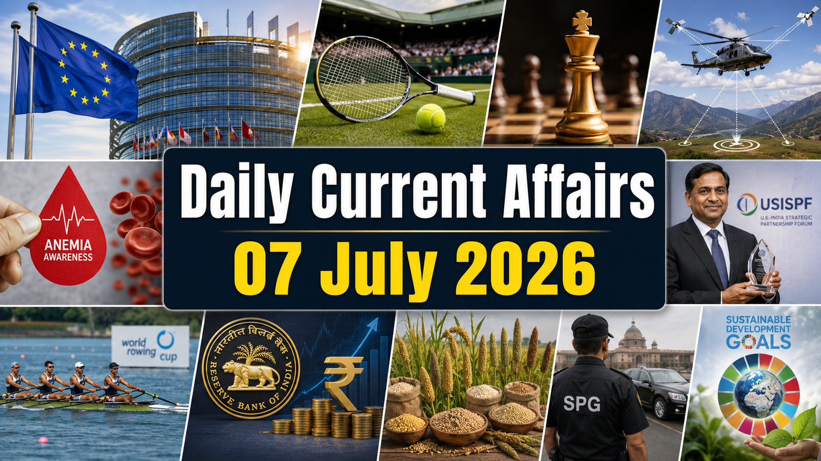 daily current affairs 07 july 2026 thumbnail showing eu council presidency, wimbledon tennis, chess grandmaster, satellite-based helicopter landing, anemia awareness, usispf award, rowing team, rbi finance, gi-tagged crops, spg security and sdg index visuals in a natural news-style collage.