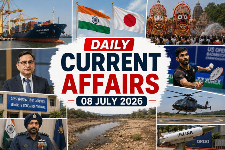 Daily current affairs 08 july 2026 thumbnail with mongla port, india japan flags, jagannath dev snan yatra, badminton player, minority education tribunal, defence officer, dry malprabha river, private pins helicopter landing system and helina missile visuals in natural collage style