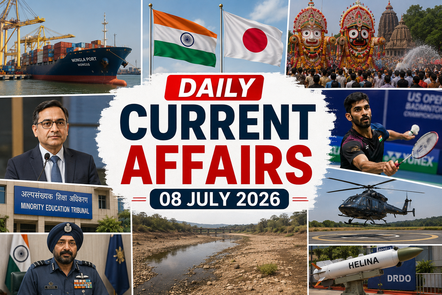 daily current affairs 08 july 2026 thumbnail with mongla port, india japan flags, jagannath dev snan yatra, badminton player, minority education tribunal, defence officer, dry malprabha river, private pins helicopter landing system and helina missile visuals in natural collage style