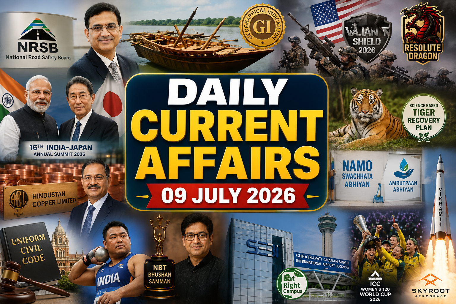 daily current affairs 09 july 2026 thumbnail with india-japan summit, gi tag boat, nrsb, tiger conservation, military exercise, sebi, vikram-1 rocket, women's t20 world cup, and current affairs news collage.