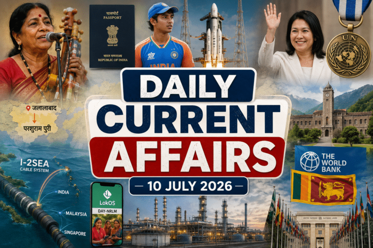 Daily current affairs 10 july 2026 thumbnail with news collage featuring tijan bai, indian passport, vaibhav suryavanshi, isro rocket launch, i-2sea cable project, lokos app, hpcl rajasthan refinery, world bank, sri lanka, united nations medal, kashmir university, and mission kayakalp, with the title centered in a clean and natural news-style design.