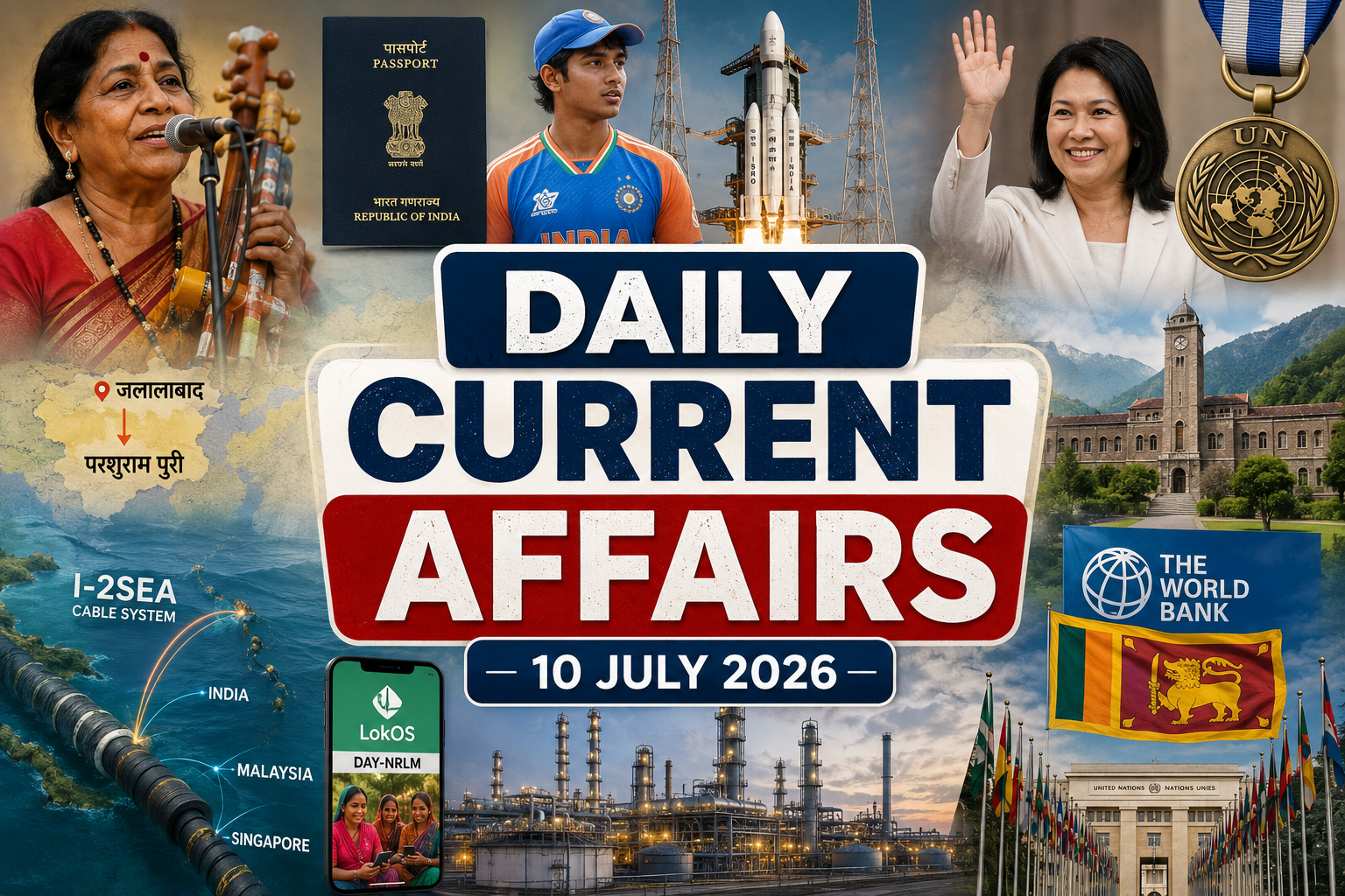 daily current affairs 10 july 2026 thumbnail with news collage featuring tijan bai, indian passport, vaibhav suryavanshi, isro rocket launch, i-2sea cable project, lokos app, hpcl rajasthan refinery, world bank, sri lanka, united nations medal, kashmir university, and mission kayakalp, with the title centered in a clean and natural news-style design.