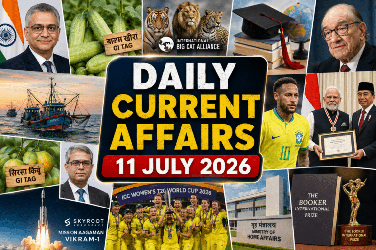 Daily current affairs 11 july 2026 thumbnail with a bold title in the center and a natural collage background featuring india-uruguay ambassador, balam kheera gi tag, international big cat alliance, future skills education, alan greenspan, deep sea fishing, neymar, pm modi receiving indonesia's highest civilian award, sirsa kinnow gi tag, skyroot vikram-1 mission, women's t20 world cup, and booker international prize.