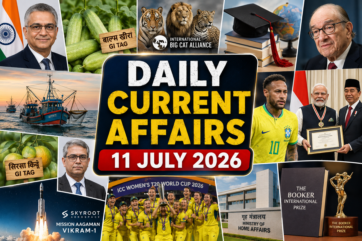 daily current affairs 11 july 2026 thumbnail with a bold title in the center and a natural collage background featuring india-uruguay ambassador, balam kheera gi tag, international big cat alliance, future skills education, alan greenspan, deep sea fishing, neymar, pm modi receiving indonesia's highest civilian award, sirsa kinnow gi tag, skyroot vikram-1 mission, women's t20 world cup, and booker international prize.