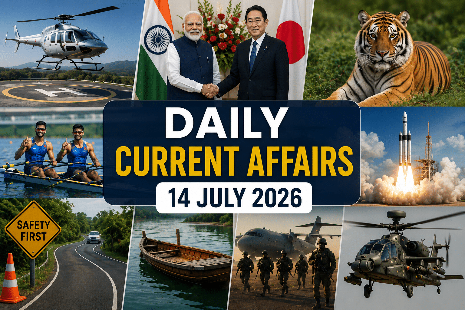 daily current affairs 14 july 2026 thumbnail featuring helicopter, india japan meeting, tiger, rowing team, rocket launch, road safety sign, traditional wooden boat, military exercise, attack helicopter and current affairs collage background.