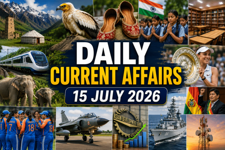 Alt text: daily current affairs 15 july 2026 thumbnail with background photos of kyrgyzstan, egyptian vulture, rajasthan mojari, tripura, khelo india youth games, library, wimbledon champion, adb, grse, jaguar fighter jet, harmanpreet kaur, pitch black exercise and bolivia emergency