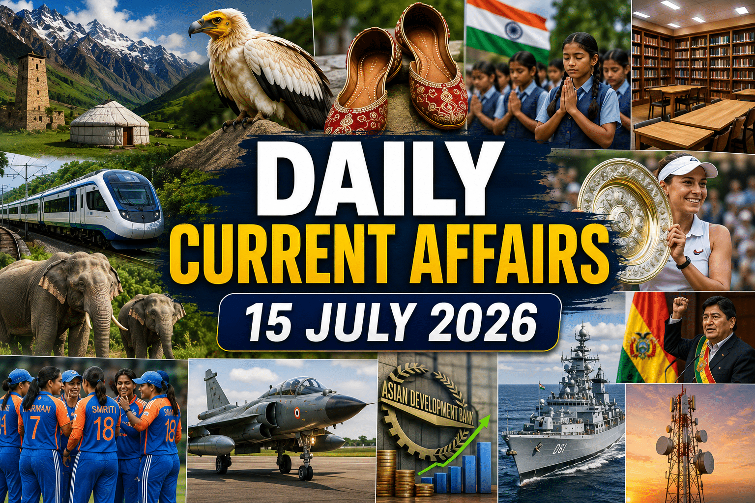 alt text: daily current affairs 15 july 2026 thumbnail with background photos of kyrgyzstan, egyptian vulture, rajasthan mojari, tripura, khelo india youth games, library, wimbledon champion, adb, grse, jaguar fighter jet, harmanpreet kaur, pitch black exercise and bolivia emergency