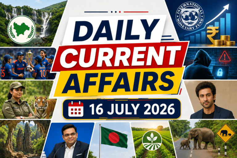 Daily current affairs 16 july 2026 thumbnail featuring visuals of economy, women’s cricket, cybercrime, wildlife conservation, meghalaya, yana caves, agriculture, bangladesh and human-wildlife conflict.