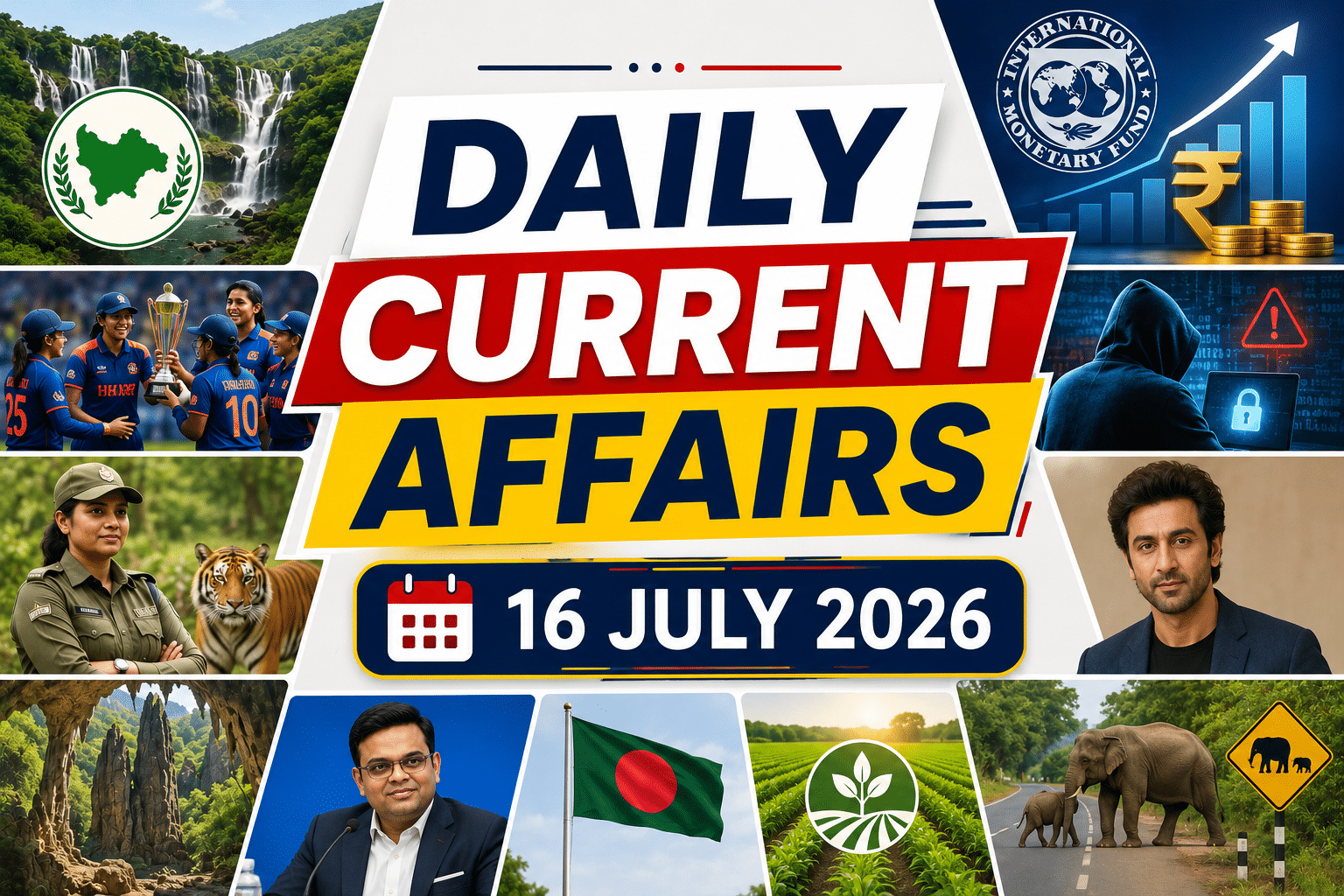 Daily Current Affairs 16 July 2026 thumbnail featuring visuals of economy, women’s cricket, cybercrime, wildlife conservation, Meghalaya, Yana Caves, agriculture, Bangladesh and human-wildlife conflict.