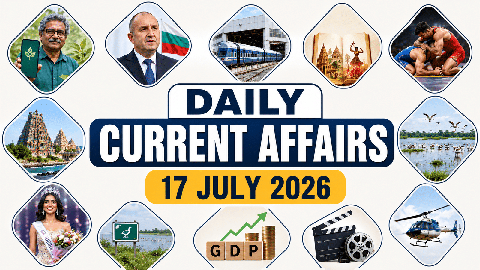 daily current affairs 17 july 2026 thumbnail with railway, environment, sports, tourism, gdp, films and national events visuals.