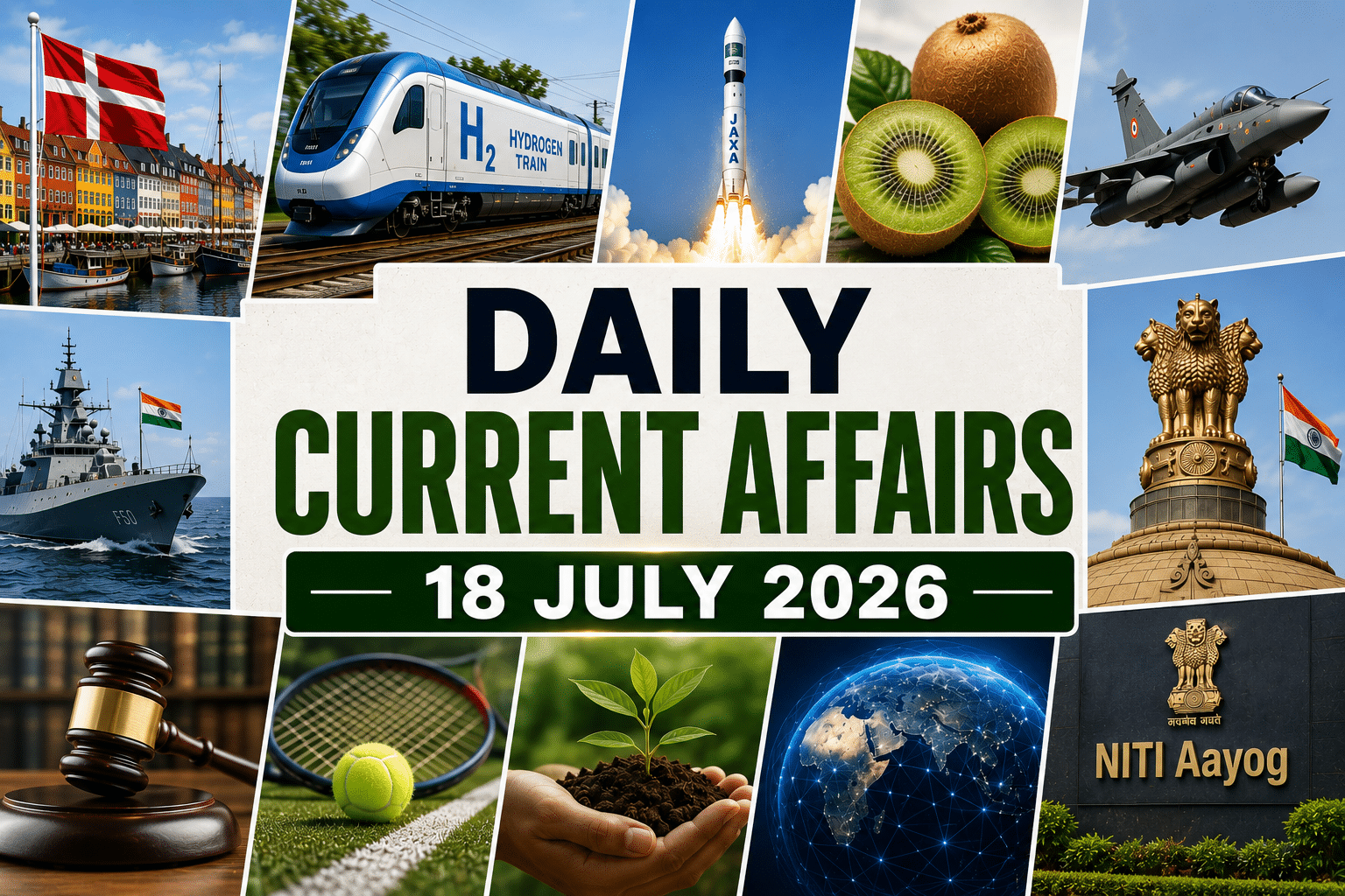 Daily Current Affairs 18 July 2026 thumbnail featuring hydrogen train, rocket launch, kiwi fruit, fighter jet, naval ship, NITI Aayog and global news visuals.