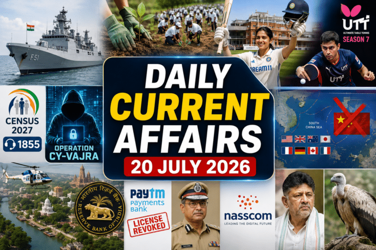 Daily current affairs 20 july 2026 thumbnail with navy ship, plantation, sports, cybercrime, census, tourism and national news visuals.