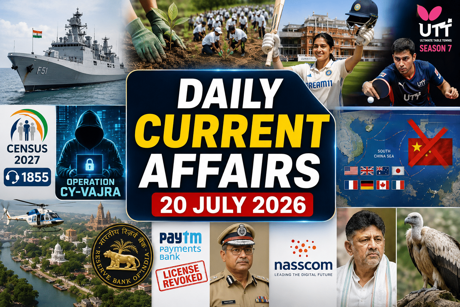Daily Current Affairs 20 July 2026 thumbnail with navy ship, plantation, sports, cybercrime, census, tourism and national news visuals.
