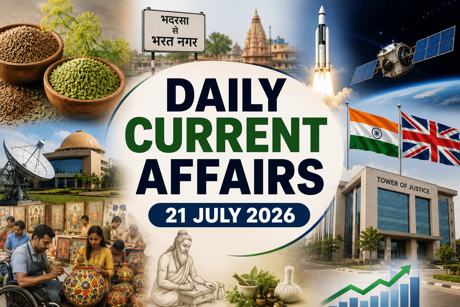 Daily Current Affairs 21 July 2026 thumbnail featuring a clean collage of current affairs visuals including GI-tag spices, Bharat Nagar signboard, space rocket and satellite, India-UK flags, Tower of Justice building, space exploration center, Divya Kala Mela artisans, Maharishi Sushruta illustration, and a central title with the date 21 July 2026.