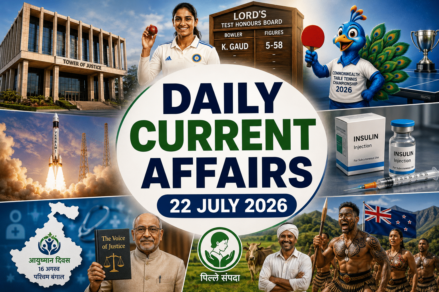daily current affairs 22 july 2026 thumbnail with tower of justice, cricket, table tennis, rocket, insulin, ayushman diwas, justice book, rural scheme and maori community visuals.