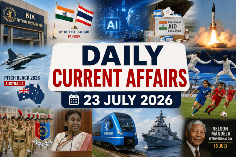 Daily current affairs 23 july 2026 thumbnail featuring nia, india-thailand defence dialogue, ai technology, humanitarian medicines, drdo missile test, pitch black air exercise, fencing, women’s football, ncc cadets, president draupadi murmu, hydrogen train, indian navy ship and nelson mandela.