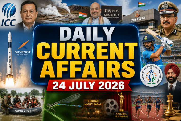 Daily current affairs 24 july 2026 thumbnail featuring icc, geothermal energy, delhi police, vikram rocket, cricket, flood rescue, wildlife, film awards, athletics and chess visuals.