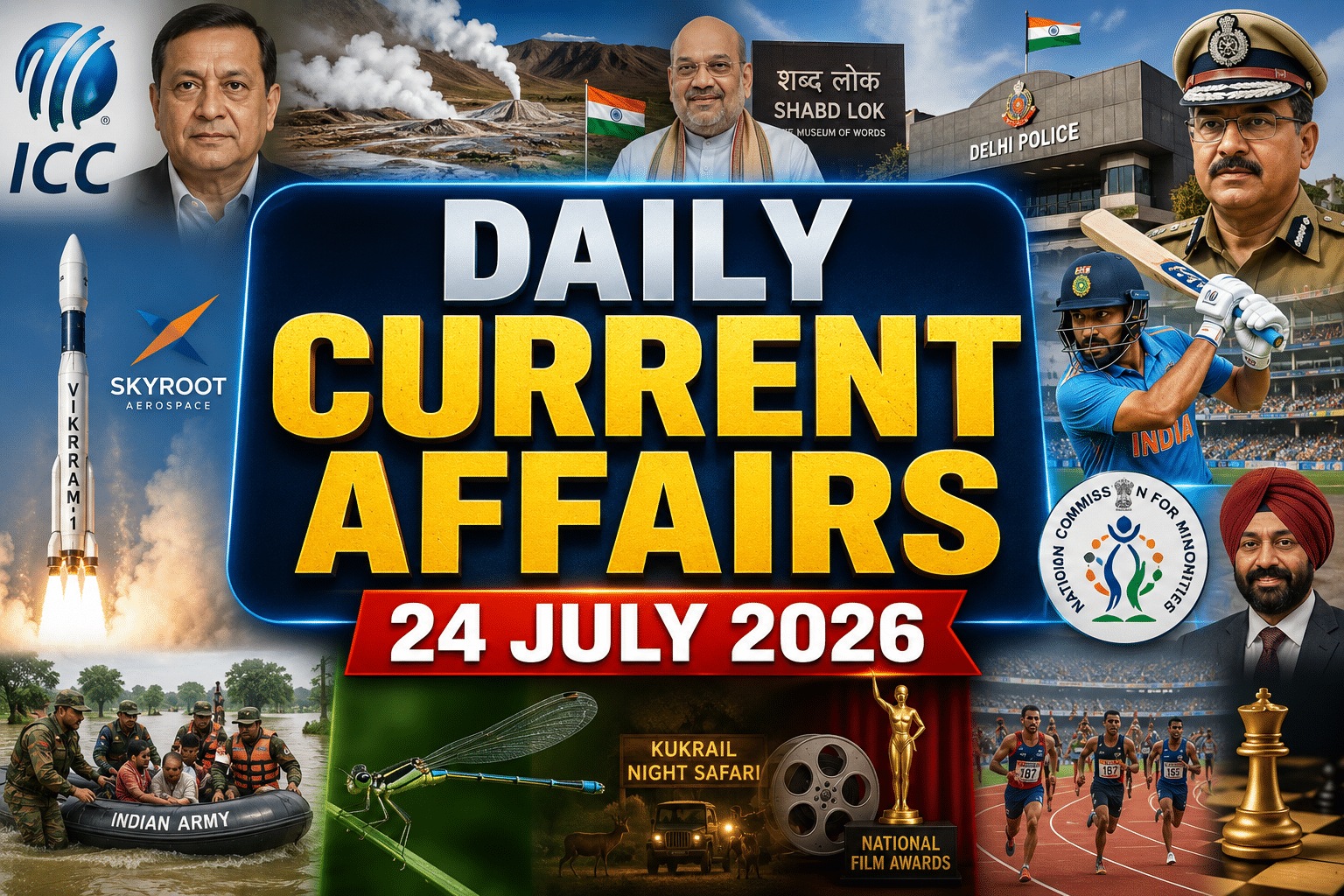 daily current affairs 24 july 2026 thumbnail featuring icc, geothermal energy, delhi police, vikram rocket, cricket, flood rescue, wildlife, film awards, athletics and chess visuals.