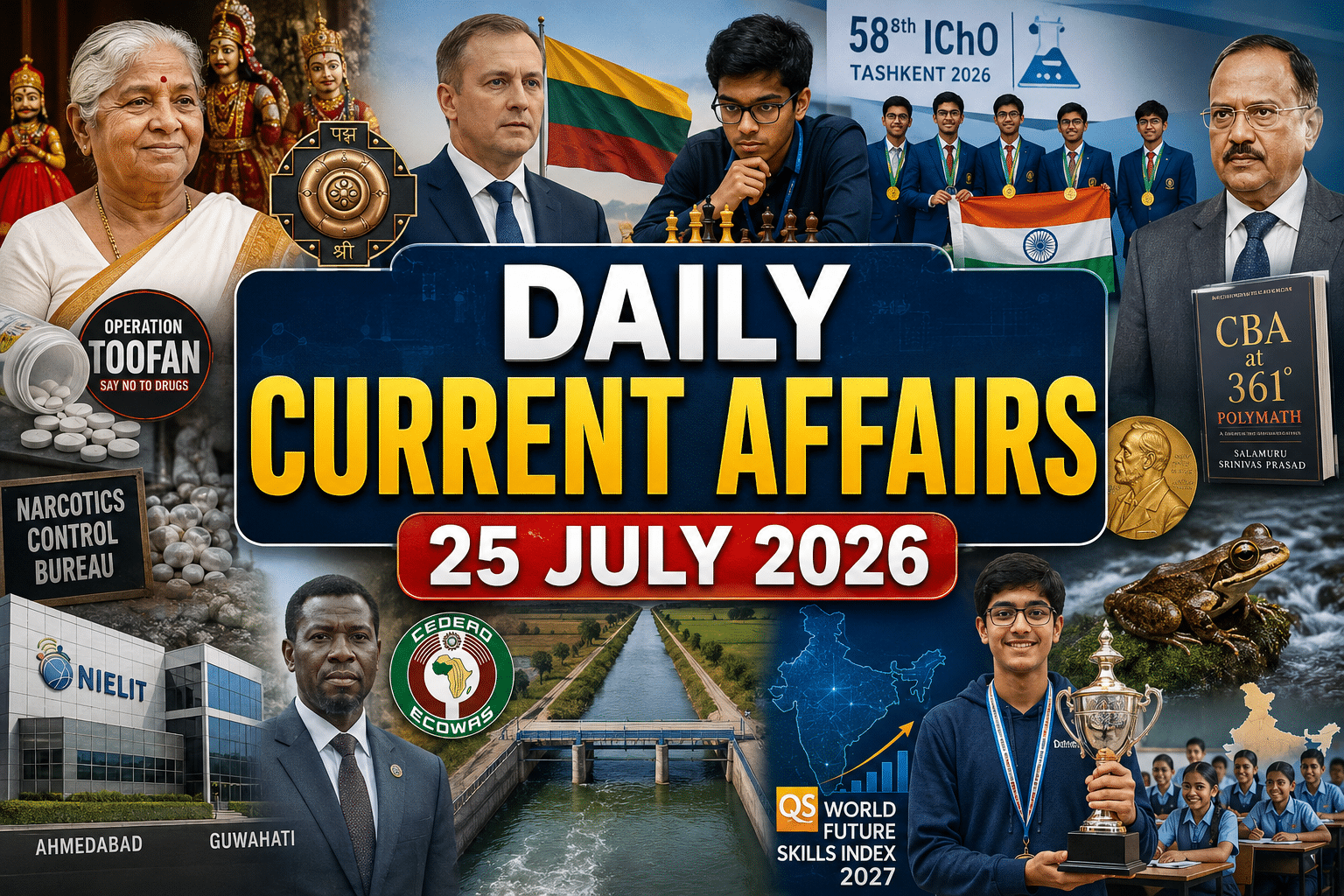 daily current affairs 25 july 2026 thumbnail with global leaders, chess, chemistry olympiad, anti-drug campaign, education, science, and award visuals.