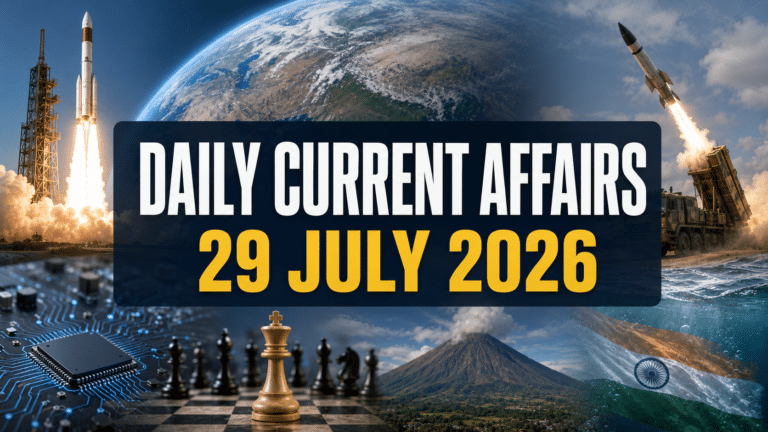 Daily current affairs 29 july 2026 thumbnail featuring rocket launch, missile system, ai chip, chessboard, mayon volcano and underwater indian flag