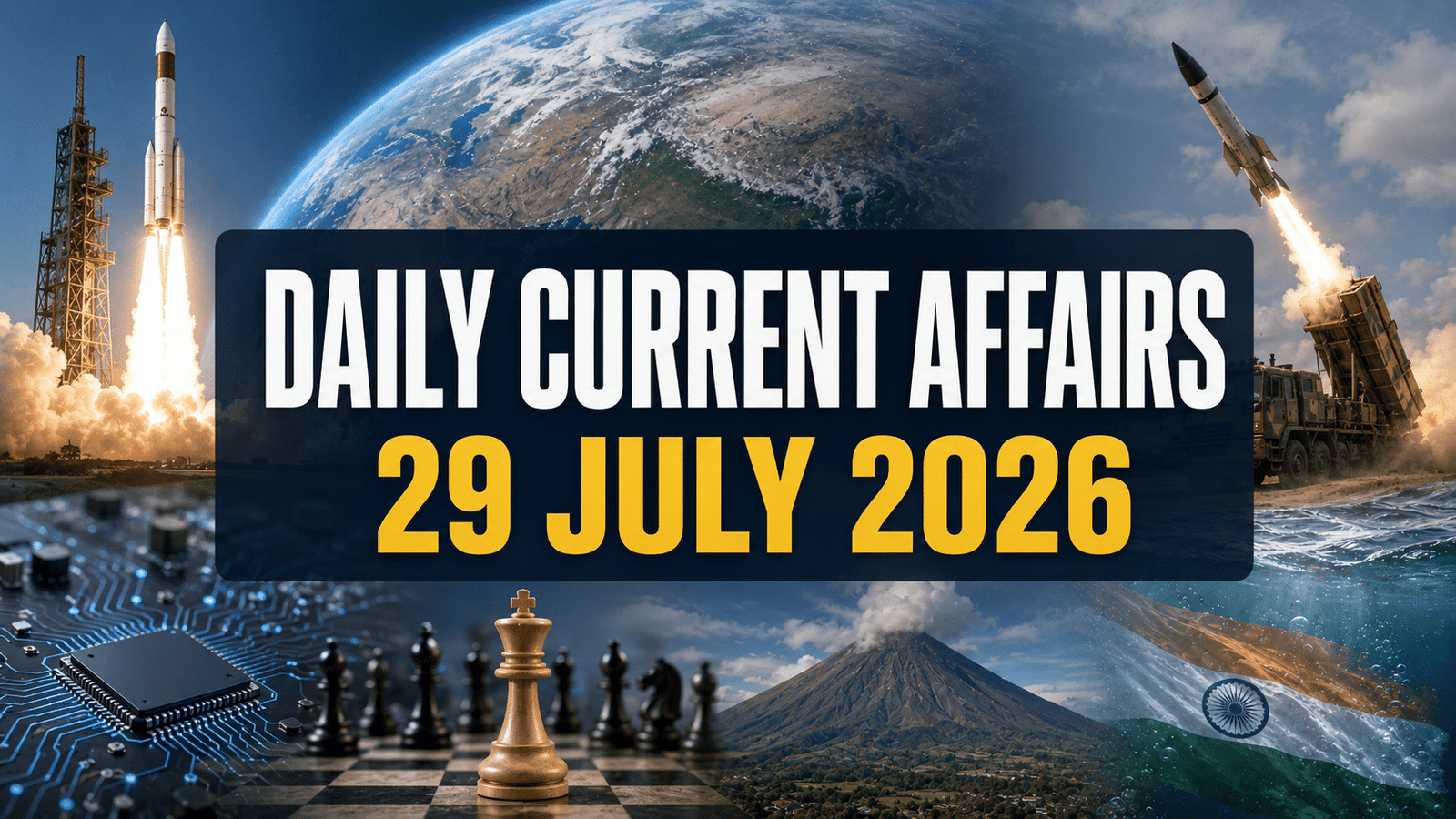 daily current affairs 29 july 2026 thumbnail featuring rocket launch, missile system, ai chip, chessboard, mayon volcano and underwater indian flag