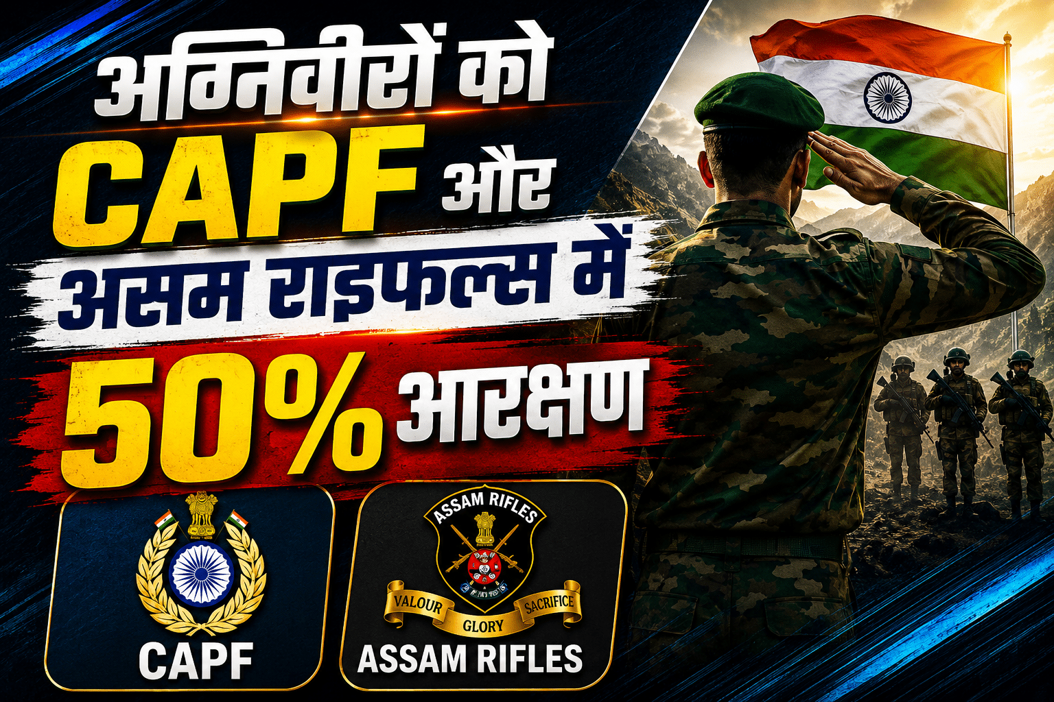 Ex-Agniveers to Get 50% Reservation in CAPF and Assam Rifles thumbnail featuring an Indian Army soldier saluting the national flag, CAPF and Assam Rifles logos, bold Hindi headline, and a large 50% reservation graphic on a dark patriotic background.