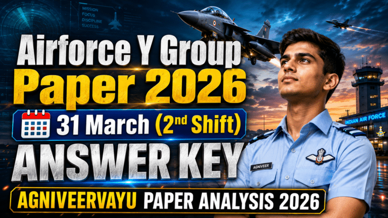 Airforce y group paper 2026 31 march 2nd shift answer key thumbnail with airforce aspirant, fighter jets, airport background, and agniveervayu paper analysis 2026 text.