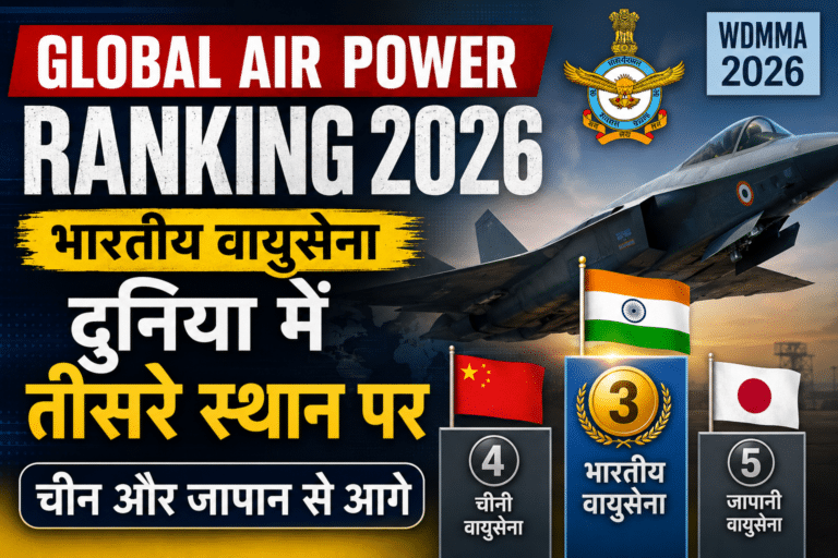 Global air power ranking 2026 graphic showing the indian air force ranked third in the world, ahead of china and japan.