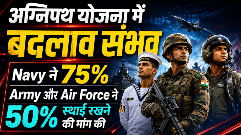Possible changes in the agnipath scheme: an attractive indian army, navy, and air force news thumbnail highlighting the demand to retain 75% agniveers in the navy and 50% in the army and air force permanently.