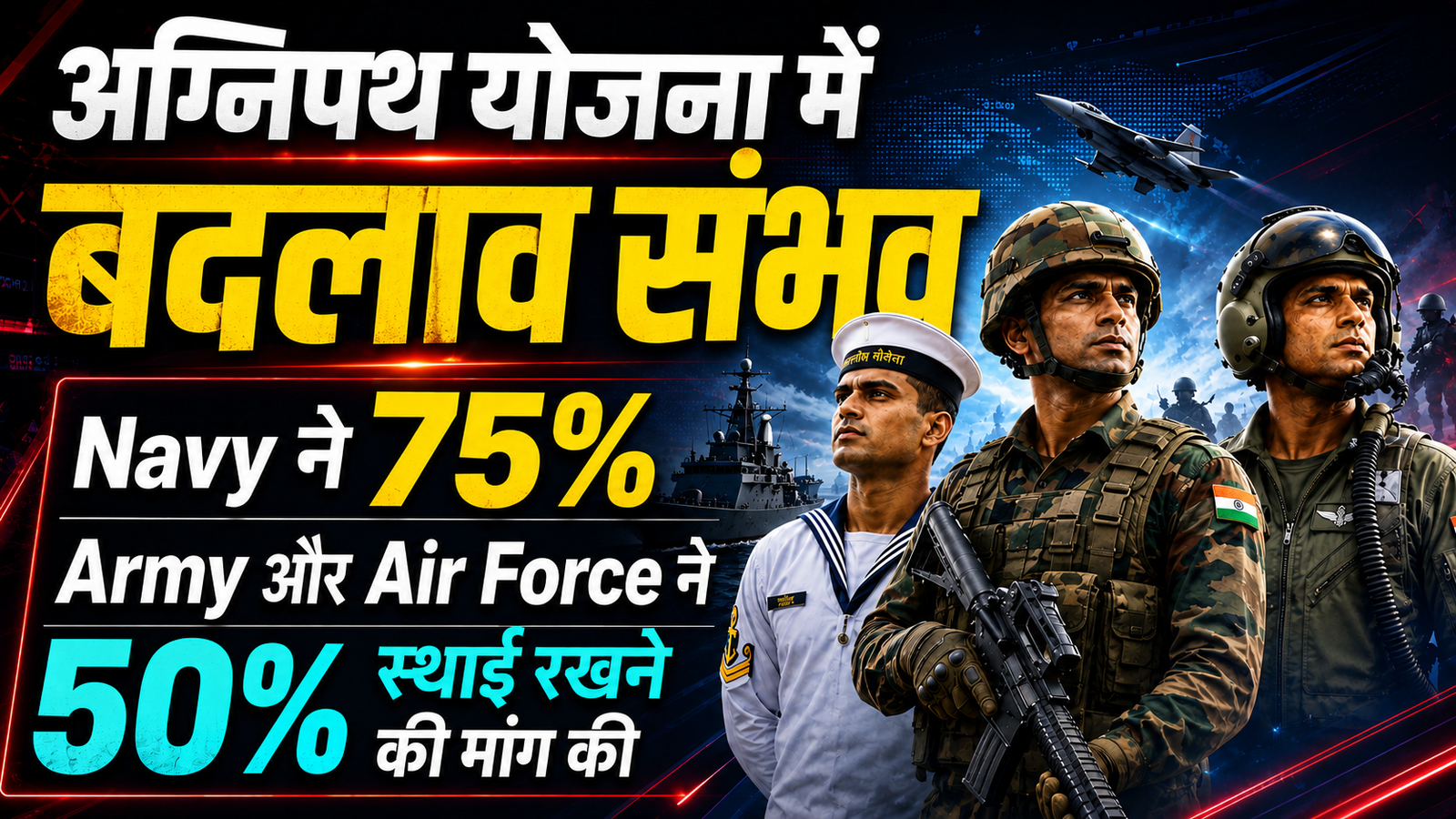 Possible changes in the Agnipath scheme: an attractive Indian Army, Navy, and Air Force news thumbnail highlighting the demand to retain 75% Agniveers in the Navy and 50% in the Army and Air Force permanently.