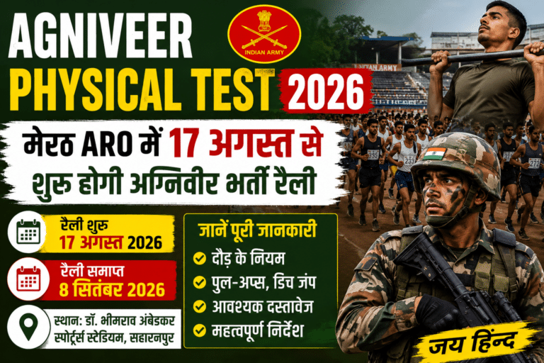 Agniveer physical test 2026 thumbnail showing aro meerut recruitment rally starting from 17 august with indian army soldier, running candidates, pull-ups test and saharanpur rally details.