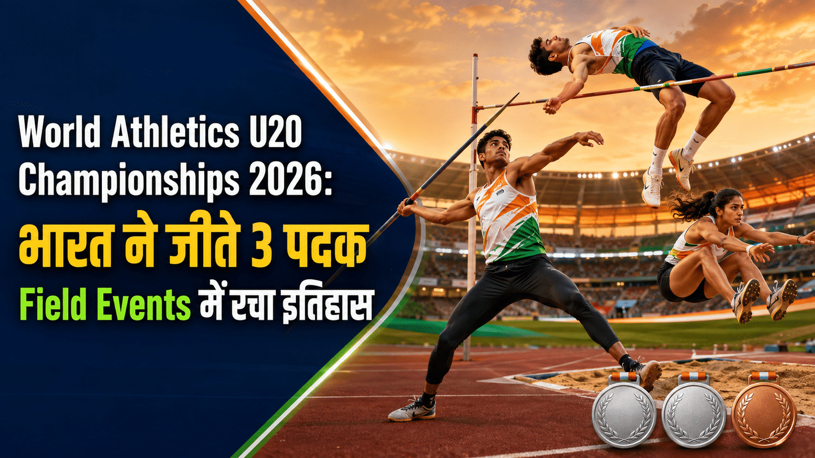 Indian athletes compete in javelin throw, high jump, and long jump at the World Athletics U20 Championships 2026, where India won two silver medals and one bronze medal.