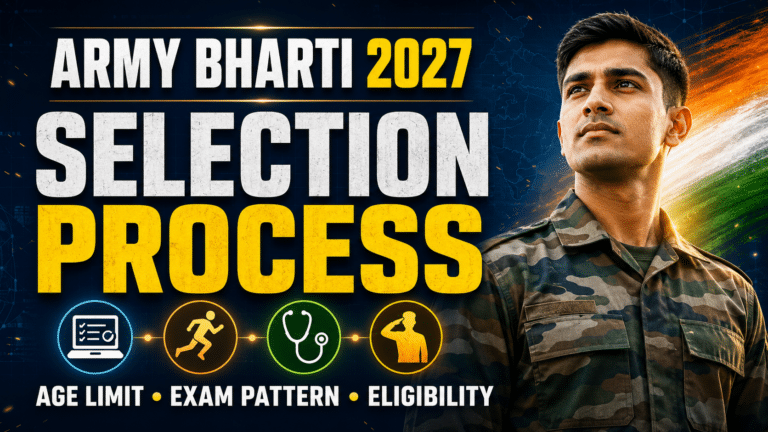Army bharti 2027 thumbnail showing a soldier with selection process, age limit, exam pattern and eligibility details.
