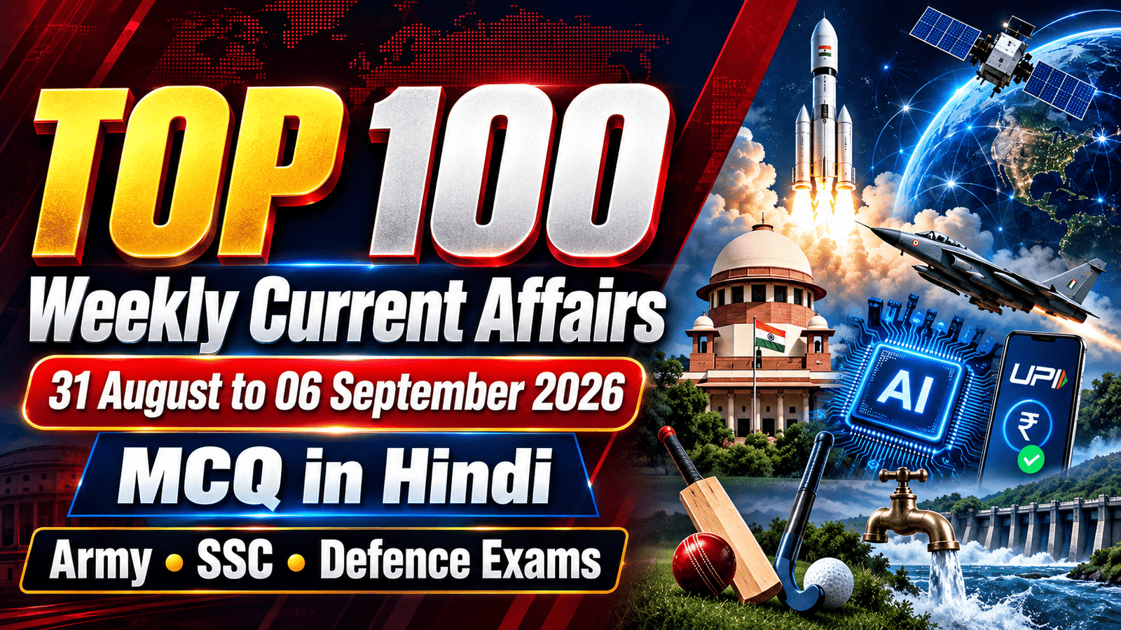 Top 100 Weekly Current Affairs MCQ in Hindi for Army, SSC, and Defence Exams, covering 31 August to 06 September 2026.